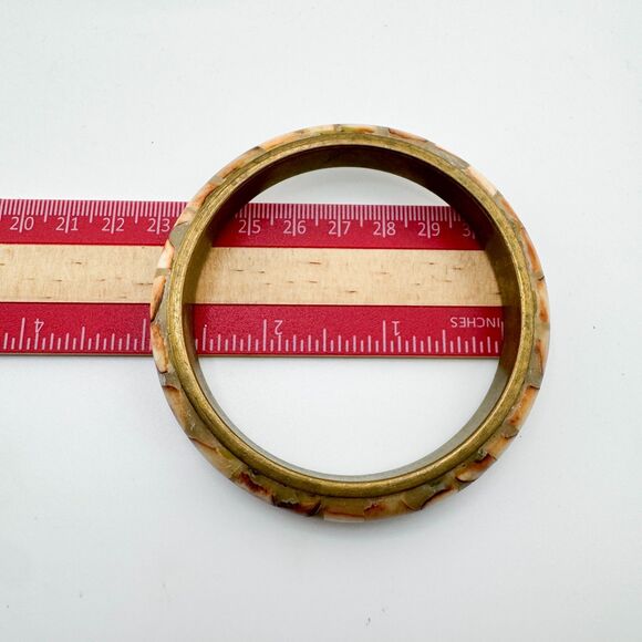 Vintage 1970s Mosaic Shell Inlay Bangle Brass Bracelet Boho Natural Earth Tone - Picture 10 of 10